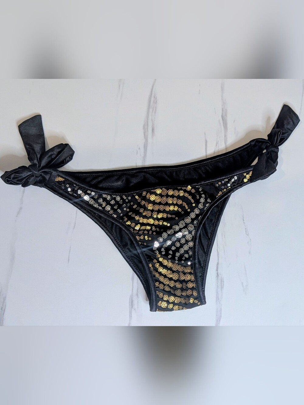 Black & Gold Sequin Tie Side Bikini Bottoms S/M